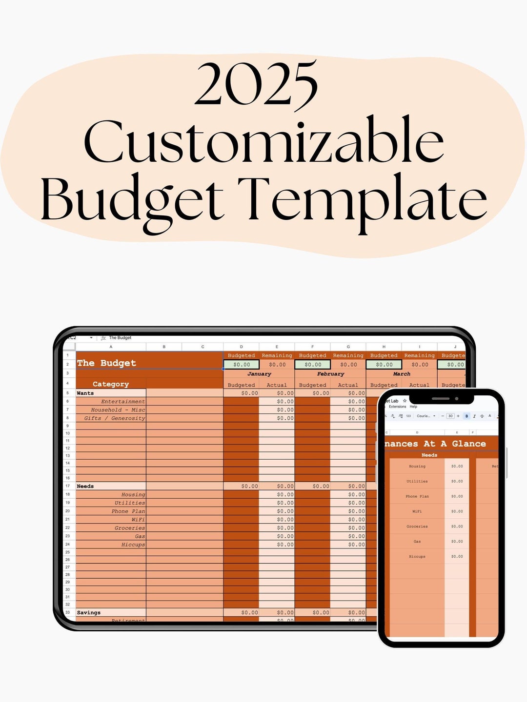 Yearly & Monthly Budget Template, Customizable Budget for Personal or ...