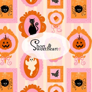 May include: A repeating pattern featuring Halloween-themed illustrations. The design includes framed images of a black cat, jack-o'-lanterns, spiders, bats, candy corn, and a ghost. The text "Short & Sweetheart" is also present. The color palette includes pink, orange, and black.