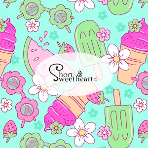 Op de afbeelding: Een herhalend patroon met zomerse illustraties. Het ontwerp bevat roze ijsjes, groene ijslolly's, watermeloen schijfjes, aardbeien en bloemvormige zonnebrillen, alles tegen een lichtblauwe achtergrond. De tekst "Short & Sweetheart" is ook aanwezig.