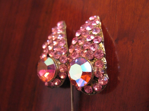 Vintage Art Deco Pink Rhinestone Double Head Hat … - image 3