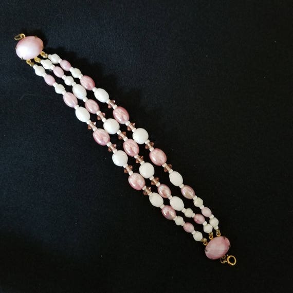 Vintage Pink & White Art Glass Three Strand Bracel