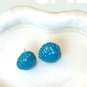 Blue Shell Stud Earrings – Handmade Ocean-Inspired Earrings | Mini Beach Studs | Polymer Clay Coastal Earrings Gift