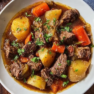 Puede incluir: Un cuenco blanco lleno de estofado de ternera, con grandes trozos de ternera, patatas y zanahorias en un caldo marrón oscuro. Perejil fresco adorna el estofado. Un trozo de pan está al lado.