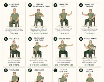 Tai Chi Chair Exercises for Men Printable | Fitness Printable Workout Chart | Home & Gym Wellness Poster | Digital Download