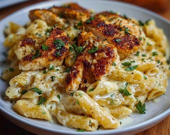 Receta de penne cremoso con pollo y parmesano (Descarga digital)