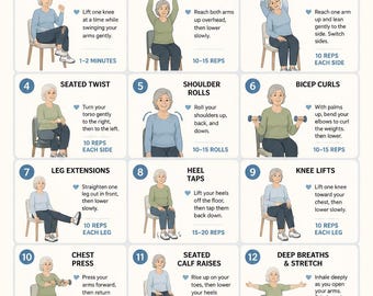 Chair Exercises for Women Printable PDF | Senior Fitness Workout Chart | Seated Exercise Poster | Digital Download