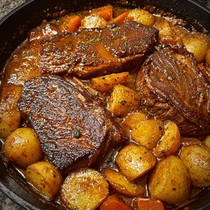 May include: A close-up shot of a hearty meal featuring braised meat and roasted potatoes. The meat is a rich brown color, glistening with a savory sauce. Golden-brown potatoes and orange carrots are nestled around the meat in a dark pan.