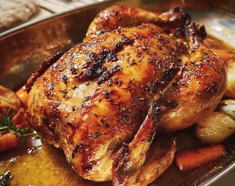 Pollo asado jugoso: Comida casera reconfortante (Descarga digital imprimible)