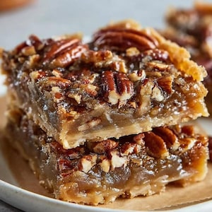 Op de afbeelding: Twee pecantaartreepjes gestapeld op een wit bord. De repen hebben een gouden korst, een kleverige, karamelkleurige vulling en zijn bedekt met hele en gehakte pecannoten. Het dessert is een close-up.
