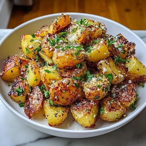 以下が含まれることがあります： 白いボウルに入ったローストポテト。ポテトは黄金色でカリカリの縁があり、新鮮な緑のハーブと白いチーズが振りかけられています。ボリュームたっぷりのサイドディッシュまたは前菜です。