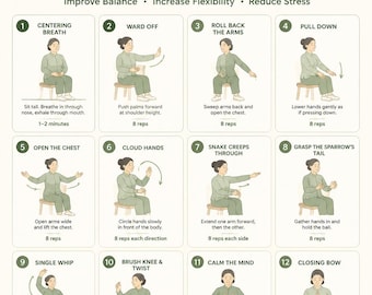 Seated Tai Chi for Seniors Printable | Gentle Exercise Chart for Elder Fitness | Easy Tai Chi Workout Guide | Digital Download