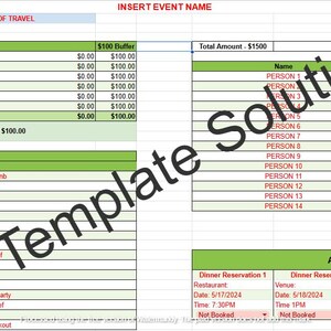 Può includere: Un modello di foglio di calcolo per la pianificazione di un evento. Il modello include sezioni per le spese, l'itinerario, i dettagli dell'evento e le informazioni di pagamento. Il foglio di calcolo è formattato con celle verdi e bianche.