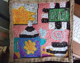 Java, Hooked Art, Rug Hooking, Kitchen Art, One Of A Kind, Free Shipping, Unique Gift Idea, Coffee, Reclaimed Materials