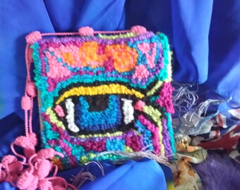 Hooked Art Pouch 6" x 6.5" OOAK, Hippie, Bohemian, Gift Idea, Free Shipping, Gift Included In Every Order, Reclaimed Materials, Wearable Art