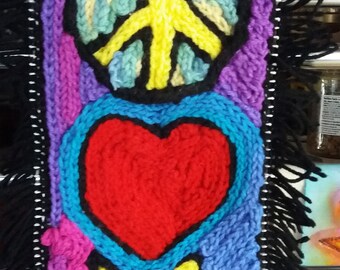 Peace Love Sunshine, 7"x17", Hippie Art, Art Banner, Wall Decor, Yoga/Meditation Space, Fiber Art, One Of A Kind, Free Shipping