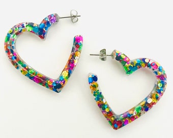 Confetti Heart Earrings, Heart Hoop Earrings, Valentine Heart Earrings