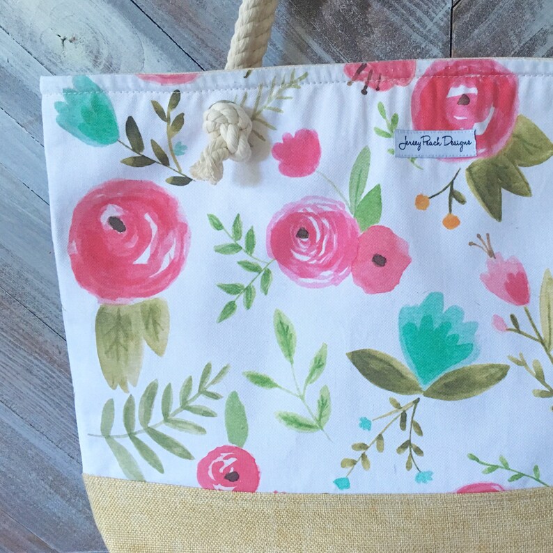 Monogram Beach Bag Large Tote Roses /& Burlap Beach Bag