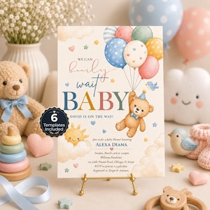 Redigerbar babyshowerinbjudan med björnmotiv, söt björnballonginbjudan, könsneutral akvarell babyshower-Canva-mall
