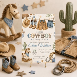 Redigerbar mall för cowboy-babyshowerinbjudan, västerländsk babyshowerinbjudan, babymeddelande, graviditetsmeddelande