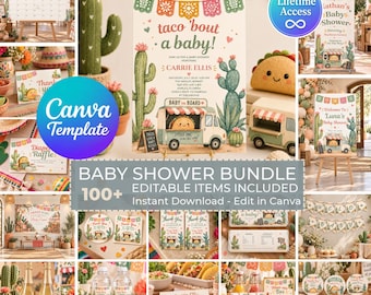 May include: A baby shower bundle template featuring a taco theme with illustrations of cacti, a taco truck, and colorful papel picado banners. The text reads taco 'bout a baby, Baby Shower, and includes placeholders for names, dates, and event details.