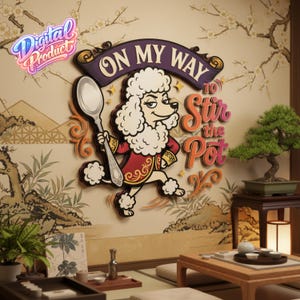 Puede incluir: Una pieza de arte mural caprichosa que presenta un caniche de dibujos animados sosteniendo una cuchara, con el texto "ON MY WAY to Stir the Pot". El caniche viste un abrigo rojo. Las palabras "Digital Product" también son visibles.