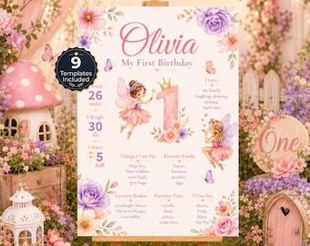 Editable Fairy Birthday Party Milestone Poster, Birthday Party, 1st Birthday Sign, Party Decor, Printable Canva Template