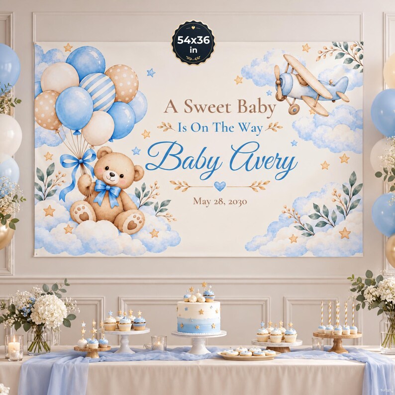 Editable Baby Shower Backdrop Banner, Blue Balloons, Bear & Airplane ...