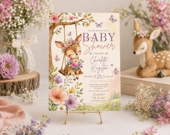 Plantilla de invitación para baby shower con diseño floral de ciervos del bosque, invitación para baby shower, anuncio de bebé, anuncio de embarazo