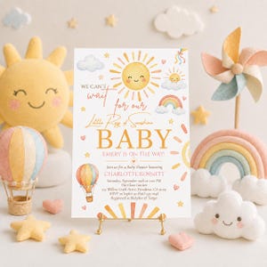 Redigerbar solskensbabyshowerinbjudan, liten solstråle Canva-mall, vi kan inte vänta babyshowerinbjuden ADB0002