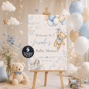 Mall för välkomstskylt med babyshower, nallebjörnsballong, redigerbar babyshowerdekoration