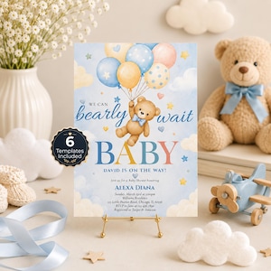Redigerbar "Vi kan vänta"-babyshowerinbjudan, söt björnballonginbjudan, akvarell blå pojke-babyshower Canva-mall