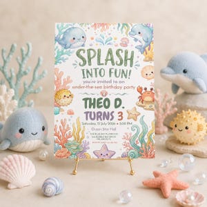 Invitación de cumpleaños con temática submarina, plantilla editable de Canva, invitación infantil con animales marinos en acuarela, descarga digital de 5x7 pulgadas.