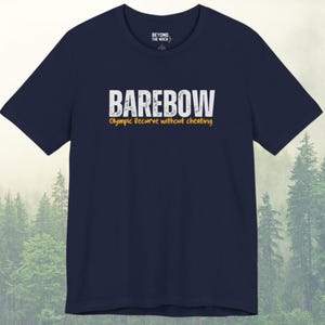 May include: A navy blue t-shirt with the text "Barebow Olympic Recurve without cheating" in white and orange lettering.