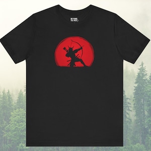 Puede incluir: Camiseta negra con un círculo rojo y una silueta de una persona sosteniendo un arco y una flecha. El texto "Beyond The Notch" está impreso en la camiseta.