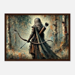 Op de afbeelding: Een schilderij van een persoon met lang, wit haar, die een bruine leren tuniek en een groene mantel draagt, met een boog en pijl in een bosrijke omgeving.