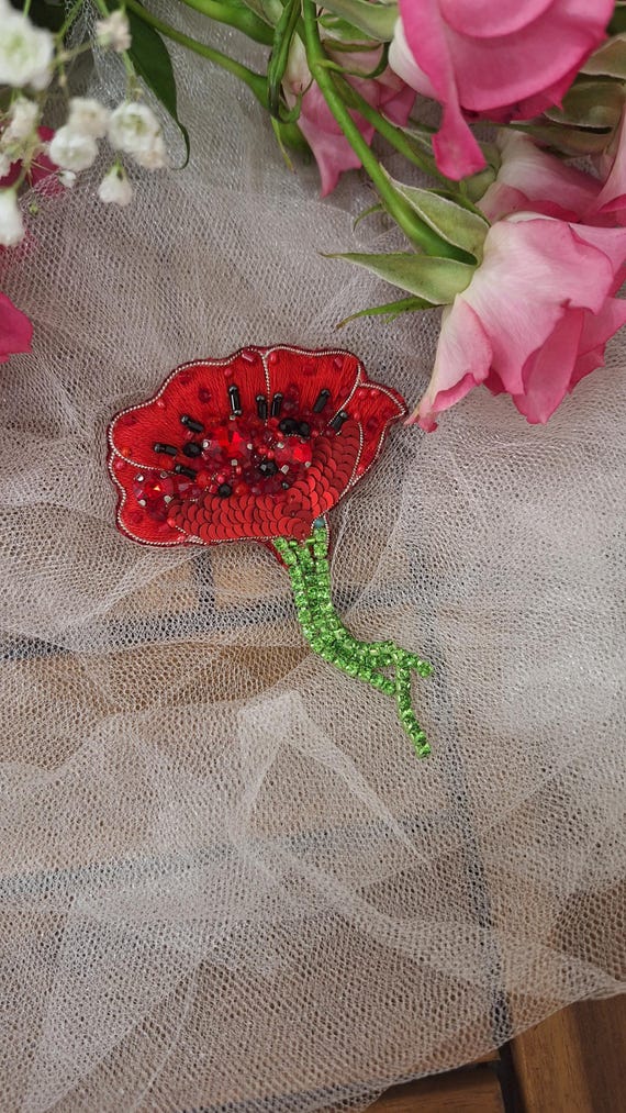 Elegant Red Beaded Flower Brooch RED FLOWER, Handmade Brooch Pin, Swarovski Crystal, Beaded  main image 4