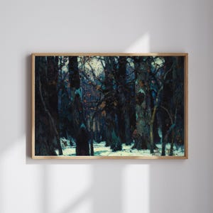 Puede incluir: Una pintura de una escena de bosque nevado con árboles altos y oscuros y un cielo azul claro. Los árboles están desnudos y el suelo está cubierto de nieve. La pintura está hecha en un estilo realista.