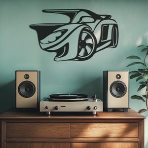 Race Car Metal Wall Art Decor – Bold Sports Car Silhouette Sign for Teen Boy Bedroom, Man Cave, Garage or Gamer Wall Modern Room Accent