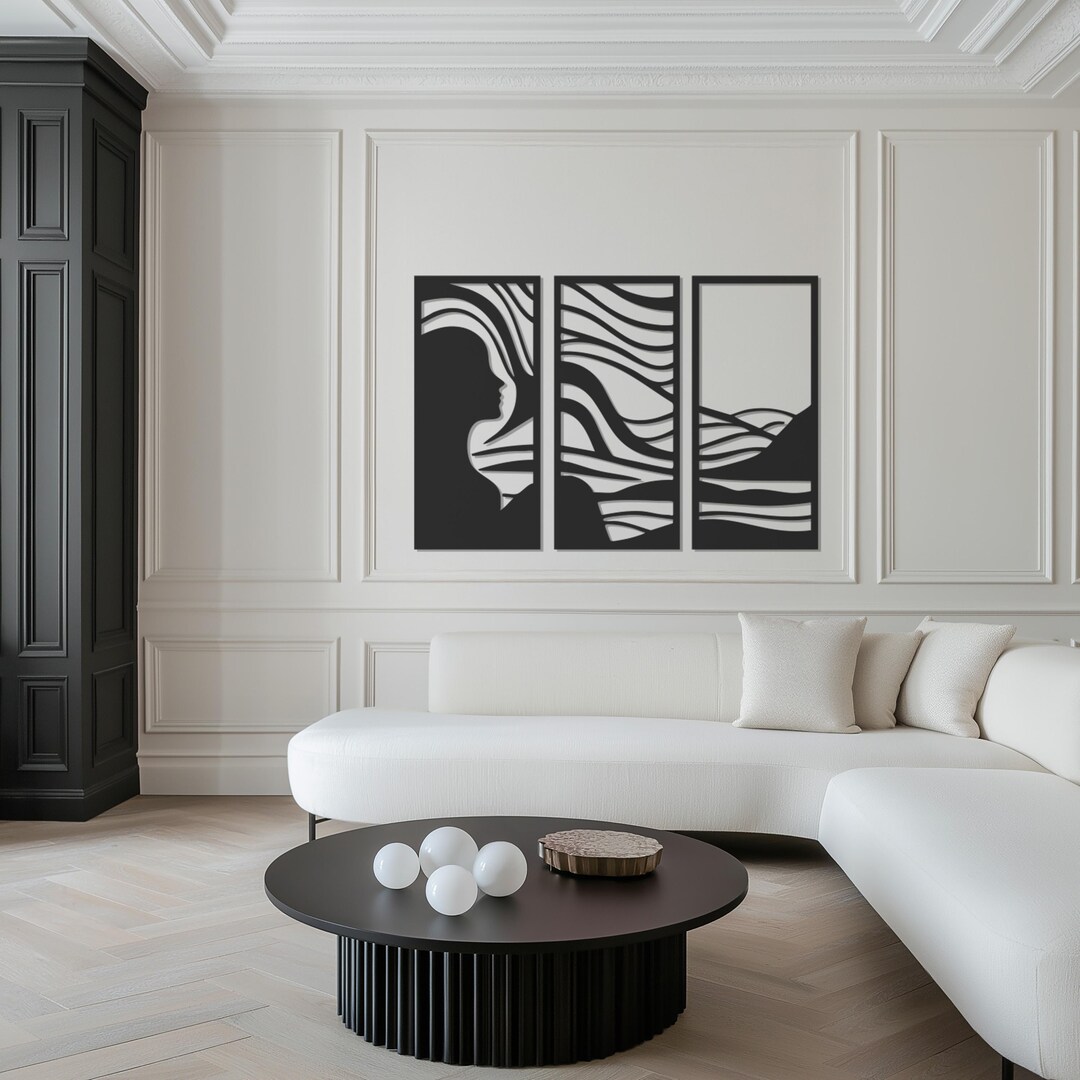 Triple Panel Woman Silhouette Metal Wall Art, Abstract Wave Design ...
