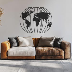 Décoration murale en métal, carte du monde - Décoration murale moderne avec contour de globe pour le bureau, les espaces inspirés des voyages, les salles de classe ou une décoration intérieure minimaliste