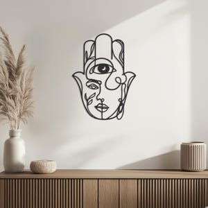 Hamsa Hand Metal Wall Art, Minimalist Line Face and Eye Design, Spiritual Black Wall Decor, Modern Boho Home Accent, Unique Gift Idea