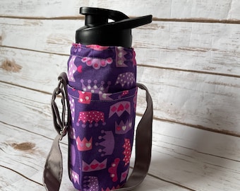 Princess Water Bottle Holder: Purple Crown Print, Kids Thermos Sling