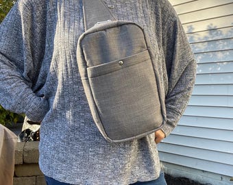 Upcycled Suit Coat Sling Bag: Gray Crossbody Backpack Purse