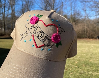 Hand Embroidered Mom Tattoo Hat: Flowered Khaki Trucker Hat
