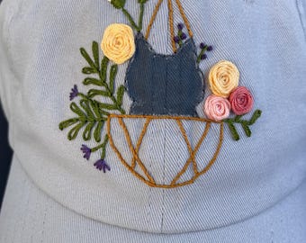 Gray Hand Embroidered Distressed Hat, Cat and Plants Baseball Hat