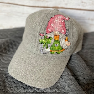 Hand Cross Stitched Hat, Gnome Hat, Plant Lady Baseball Hat, Garden Brim Cap, Soft Gray Wool Cap