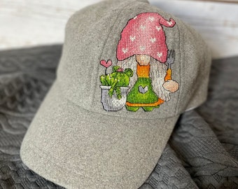 Hand Cross-Stitched Wool Baseball Hat: Gnome Plant Lady Garden Cap