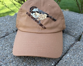 Brown Hat with Hand Embroidered Floral Bird, Floral Baseball Hat