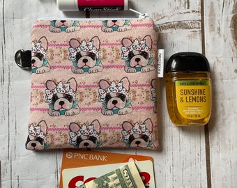 Pink Frenchie Zipper Pouch: Small Cotton Bag with Puppies