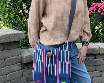 Blue Moroccan Crossbody Purse with Pink Accent, Shoulder Convertible Purse